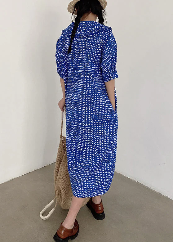 Loose Blue Button Print Pockets Cotton Shirts Dress Summer - Image 5