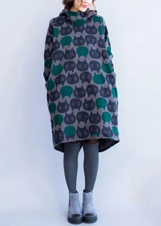 Loose Blue Cartoon Print Cotton Hooded Sweatshirts Dresses Spring - Image 3