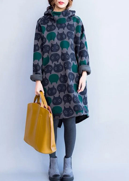 Loose Blue Cartoon Print Cotton Hooded Sweatshirts Dresses Spring - Image 4