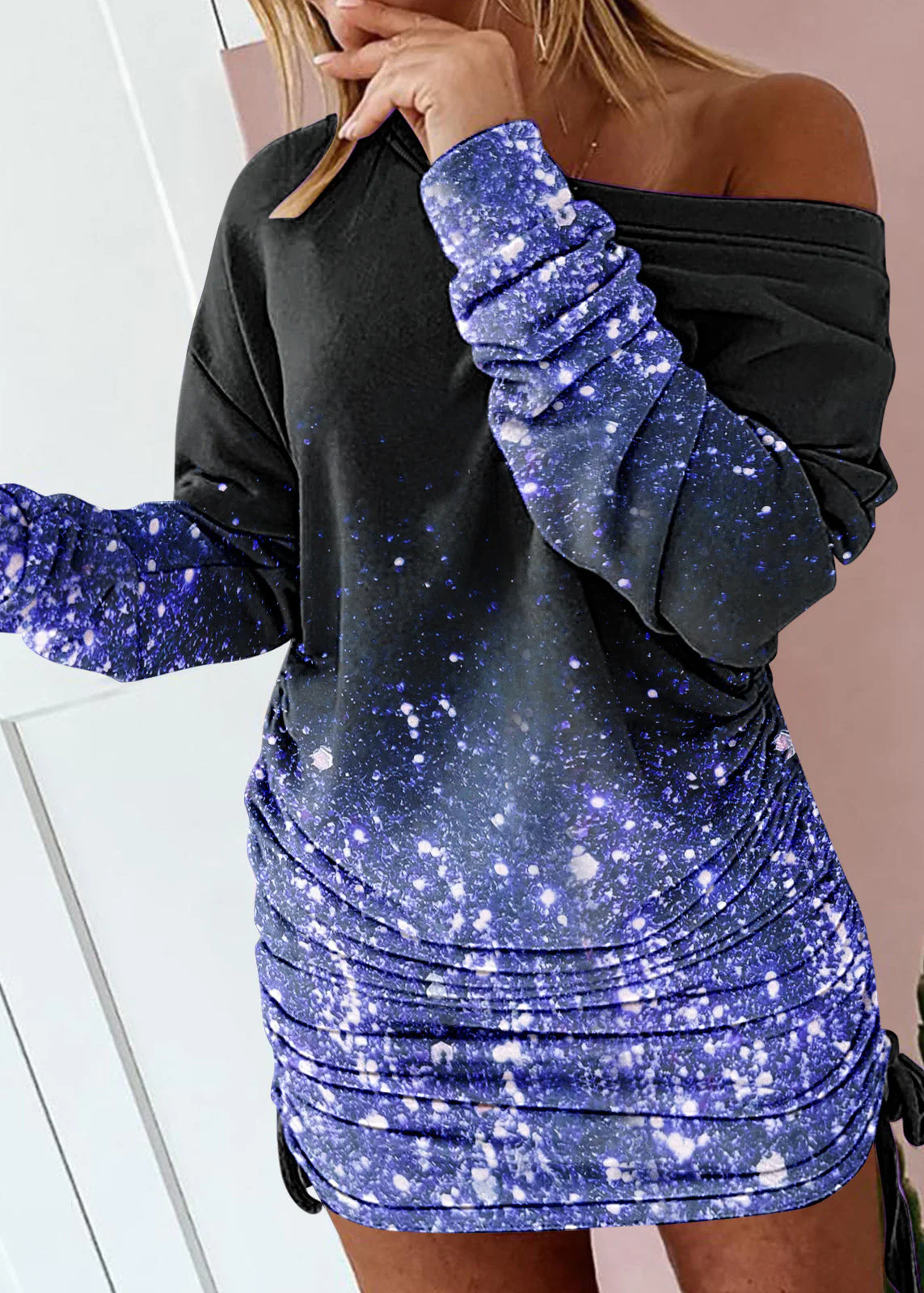Loose Blue Cinched Print Cotton Mid Dress Fall - Image 5