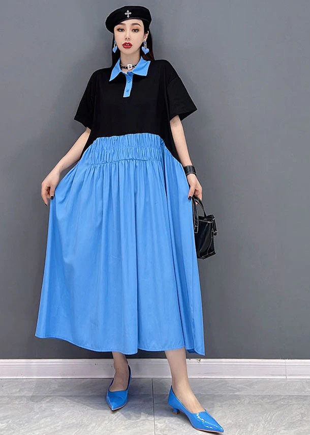 Loose Blue Colorblock Peter Pan Collar Patchwork pleated Cotton Shirt Dress Short Sleeve - Image 3