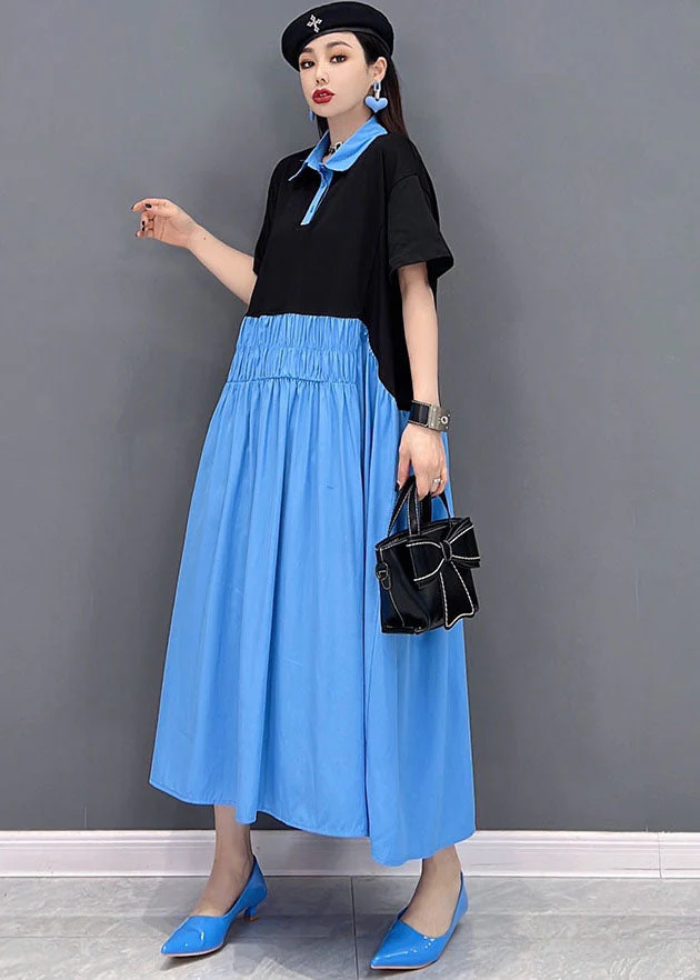 Loose Blue Colorblock Peter Pan Collar Patchwork pleated Cotton Shirt Dress Short Sleeve - Image 4