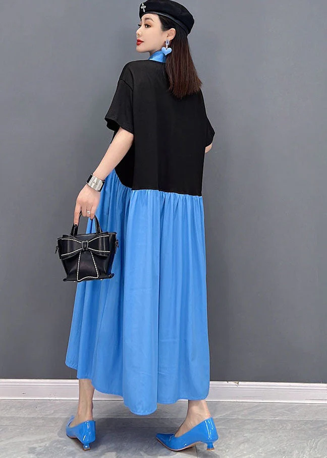 Loose Blue Colorblock Peter Pan Collar Patchwork pleated Cotton Shirt Dress Short Sleeve - Image 5