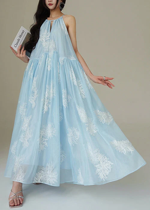 Loose Blue Embroidered Wrinkled Chiffon Long Dresses Sleeveless - Image 2