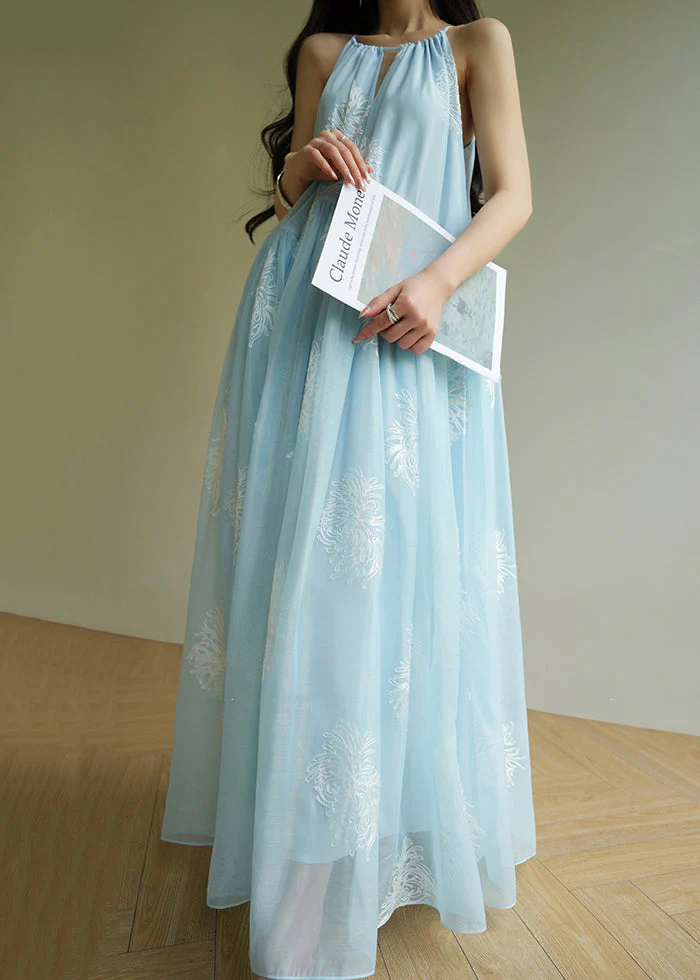 Loose Blue Embroidered Wrinkled Chiffon Long Dresses Sleeveless - Image 3
