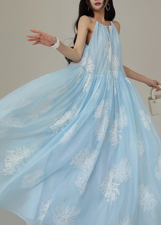 Loose Blue Embroidered Wrinkled Chiffon Long Dresses Sleeveless - Image 4