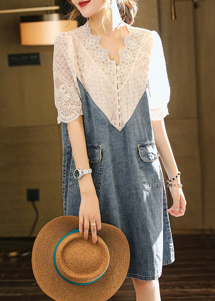 Loose Blue Embroideried Lace Patchwork Dress Half Sleeve - Image 2