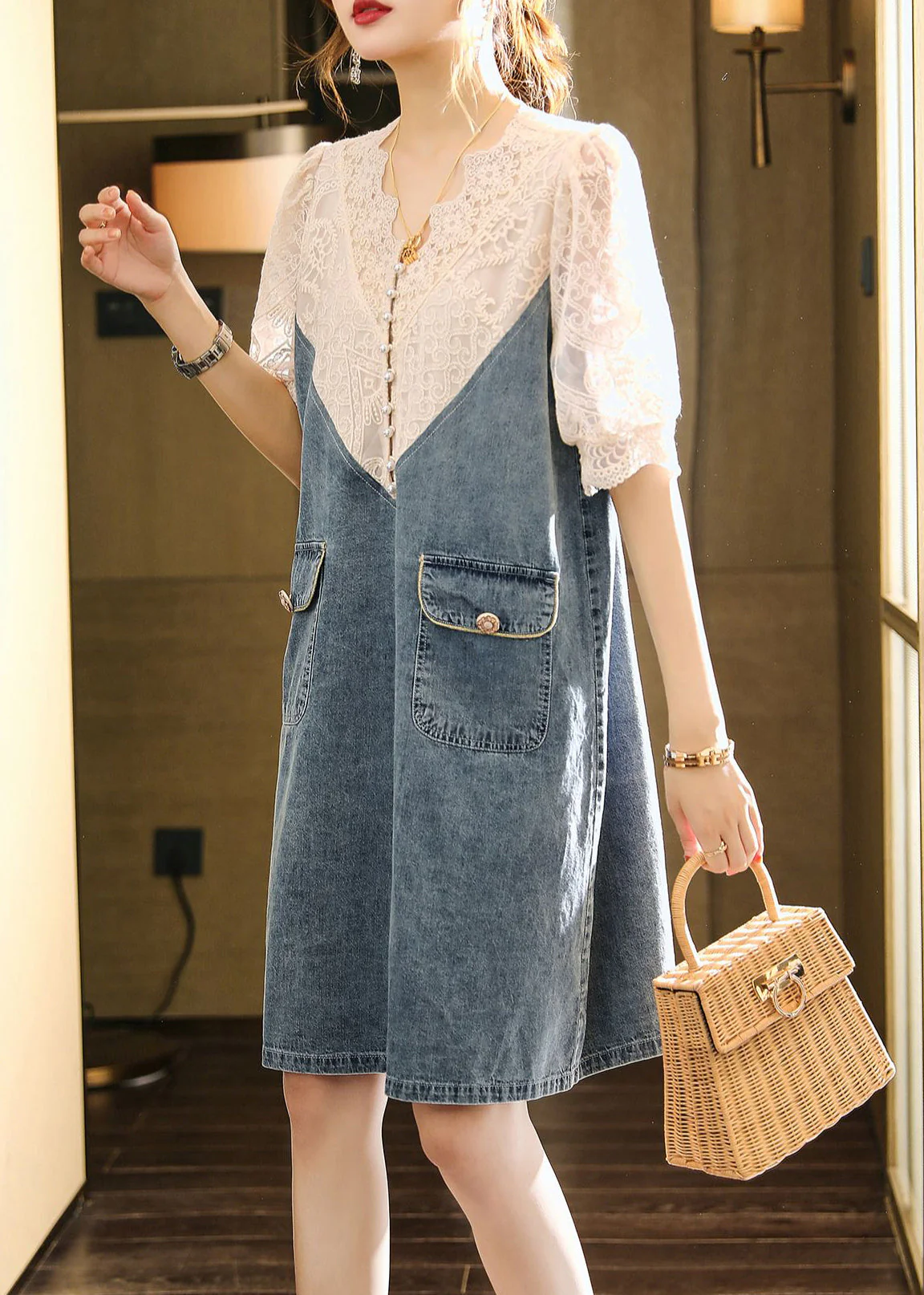 Loose Blue Embroideried Lace Patchwork Dress Half Sleeve - Image 3