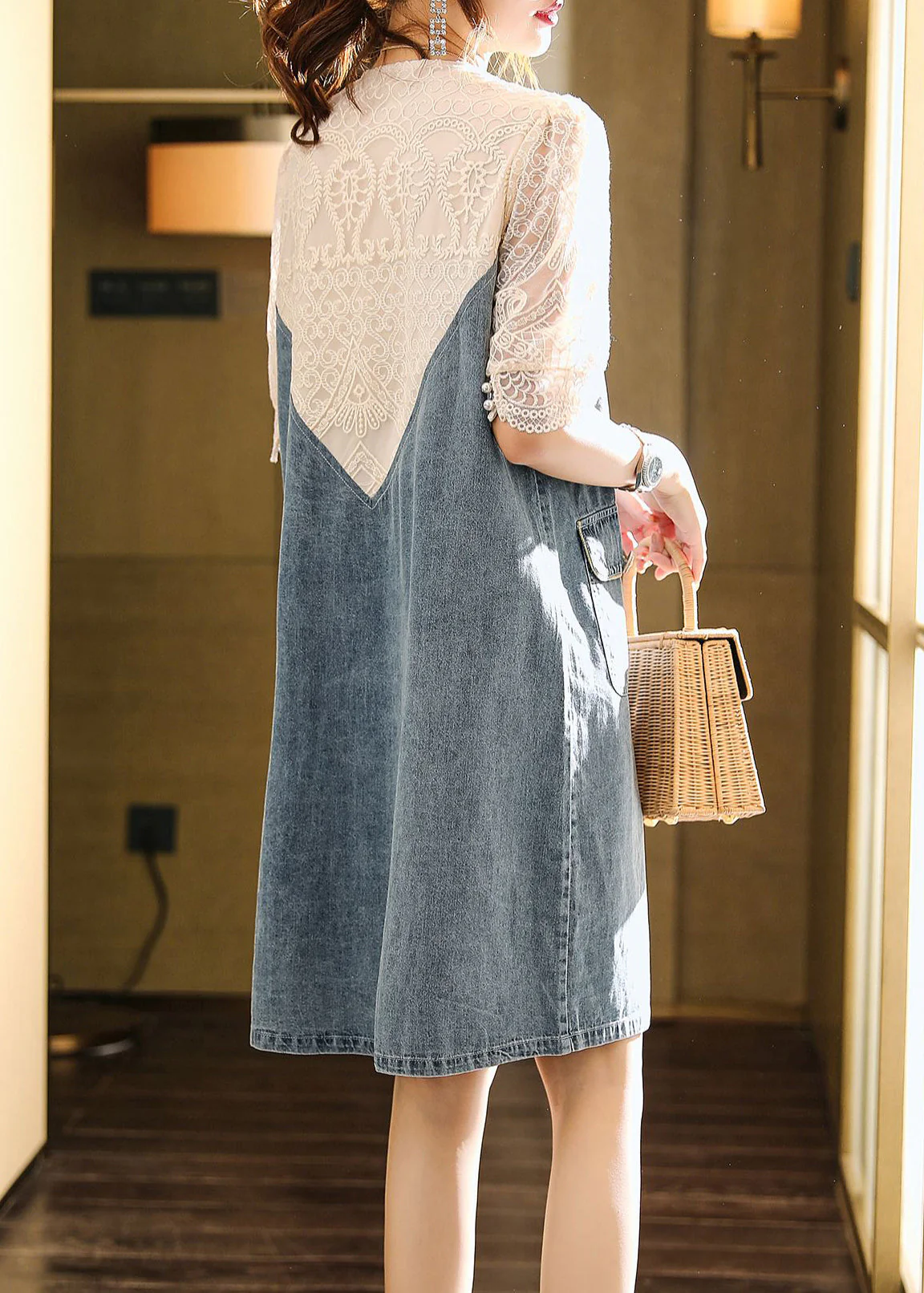 Loose Blue Embroideried Lace Patchwork Dress Half Sleeve - Image 4