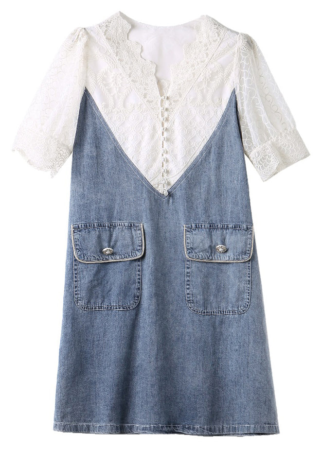 Loose Blue Embroideried Lace Patchwork Dress Half Sleeve - Image 5