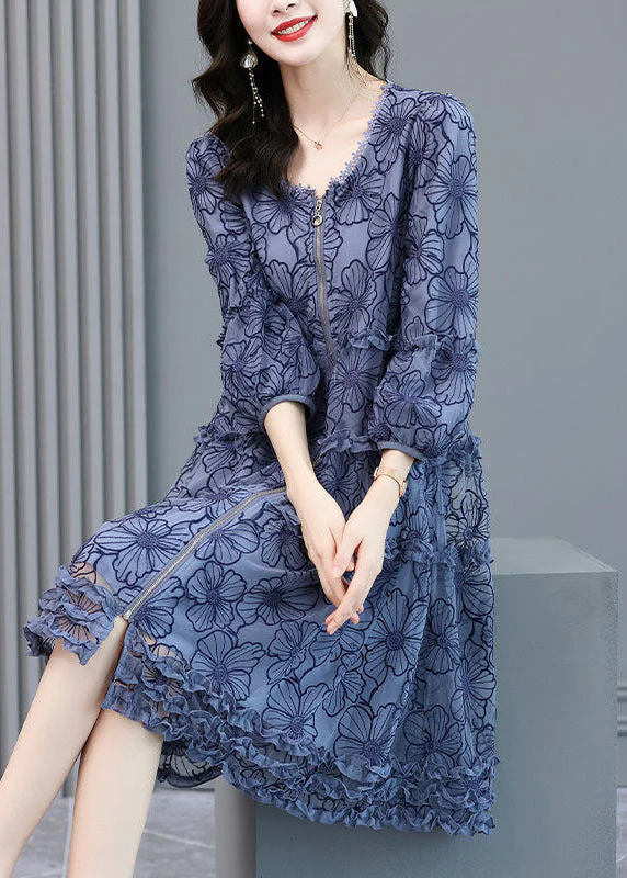 Loose Blue Embroideried Ruffled Zippered Silk Dresses Long Sleeve - Image 2