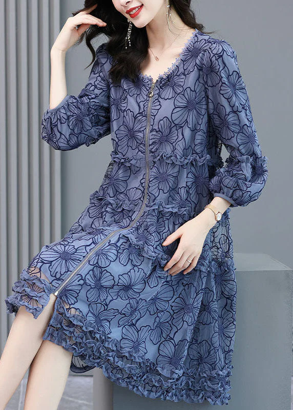 Loose Blue Embroideried Ruffled Zippered Silk Dresses Long Sleeve - Image 3