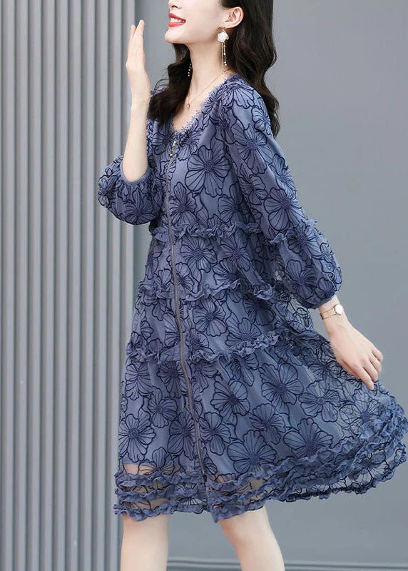 Loose Blue Embroideried Ruffled Zippered Silk Dresses Long Sleeve - Image 4