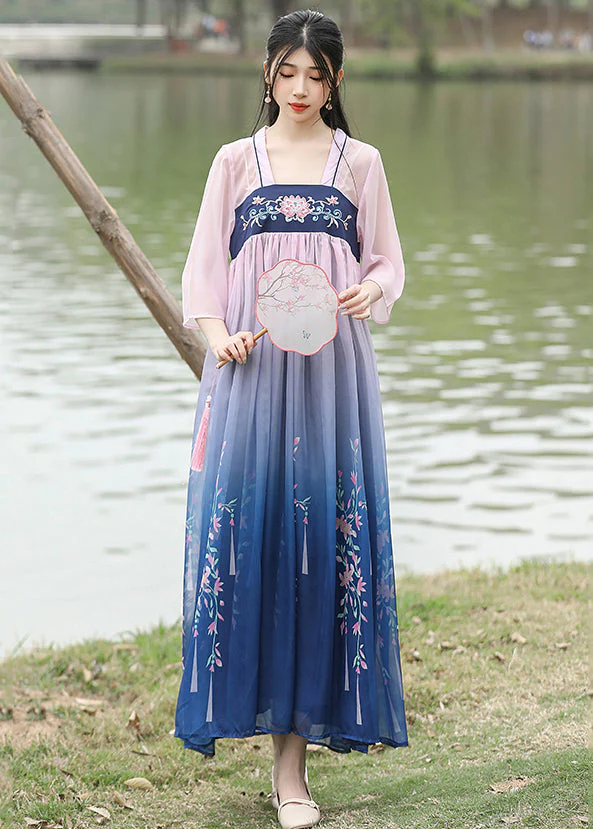 Loose Blue Embroideried Wrinkled Patchwork Chiffon Long Dresses Summer - Image 2