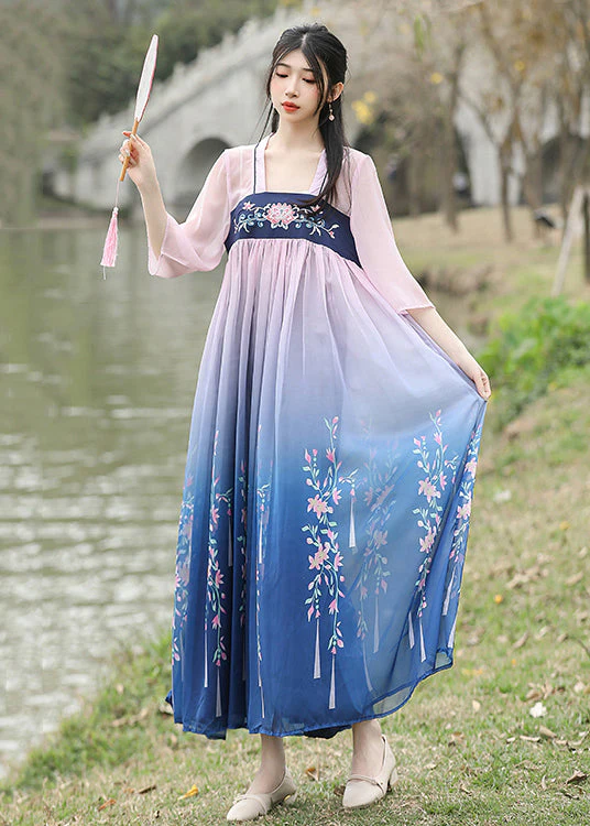 Loose Blue Embroideried Wrinkled Patchwork Chiffon Long Dresses Summer - Image 4