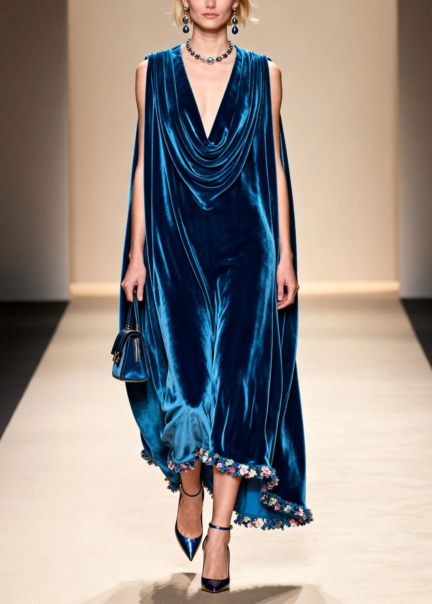 Loose Blue Floral Patchwork Velvet Robe Dresses Sleeveless - Image 3
