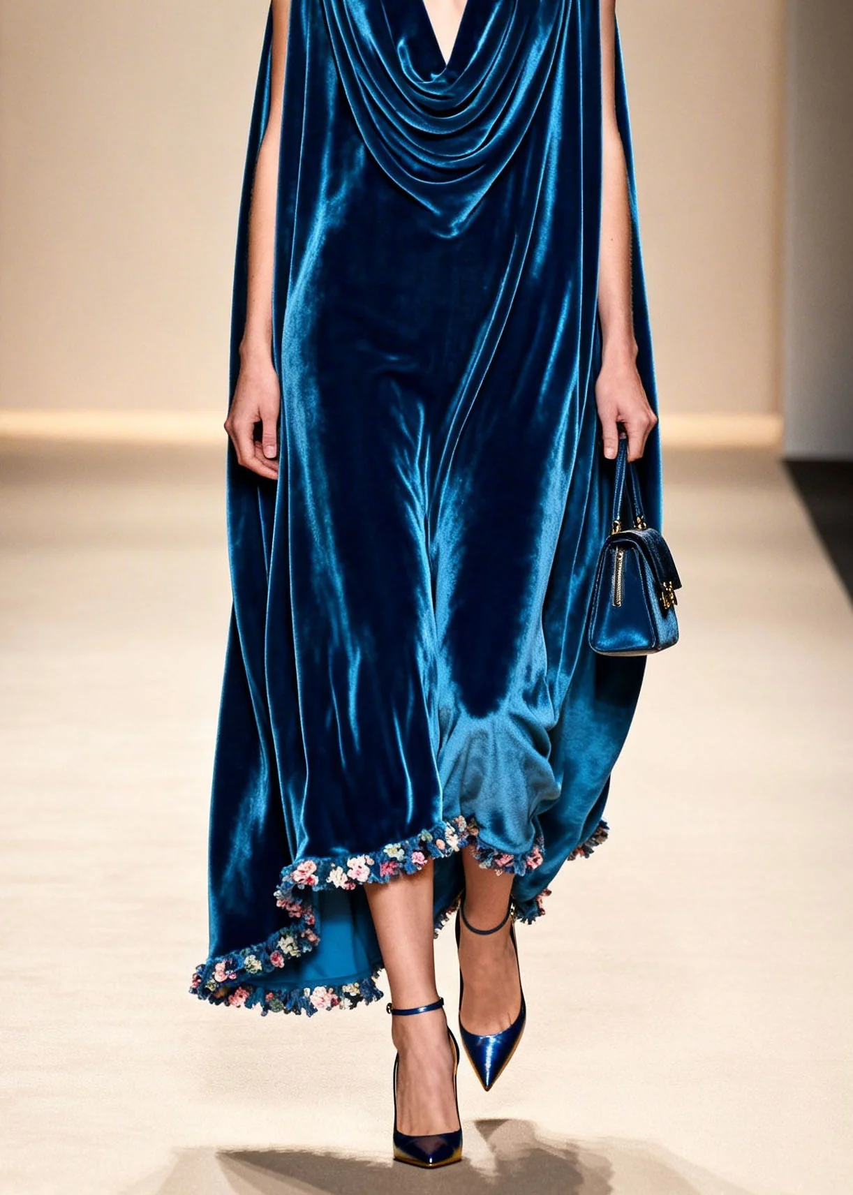 Loose Blue Floral Patchwork Velvet Robe Dresses Sleeveless - Image 4