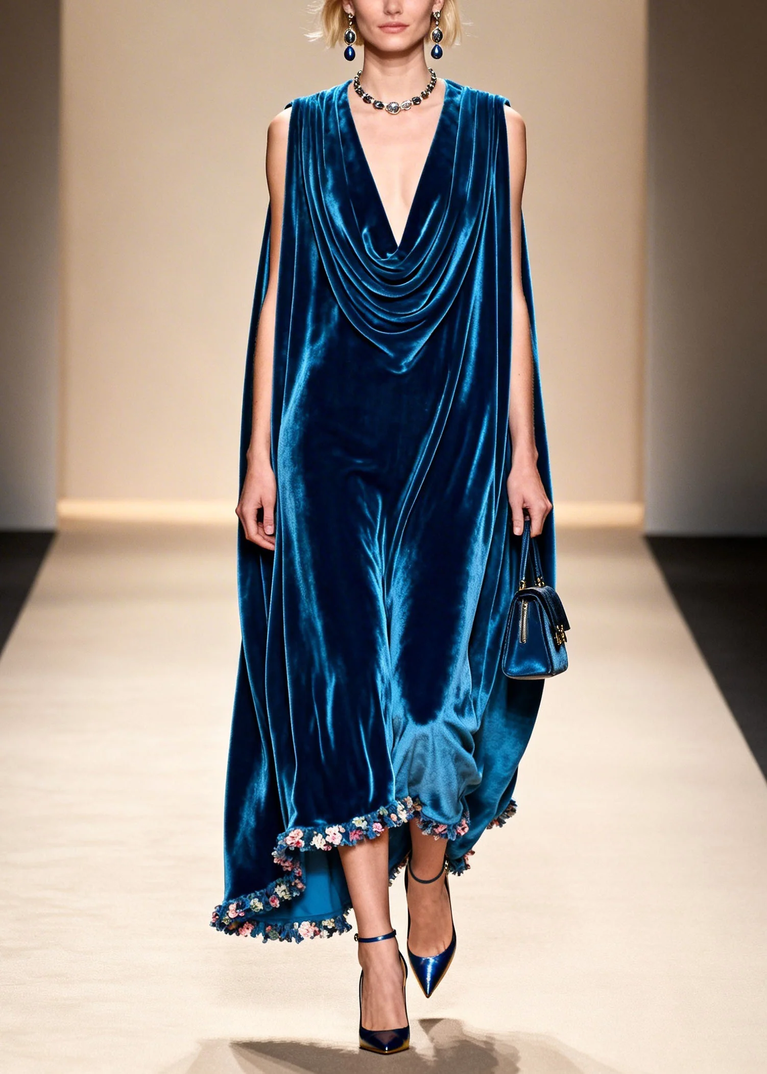 Loose Blue Floral Patchwork Velvet Robe Dresses Sleeveless - Image 5