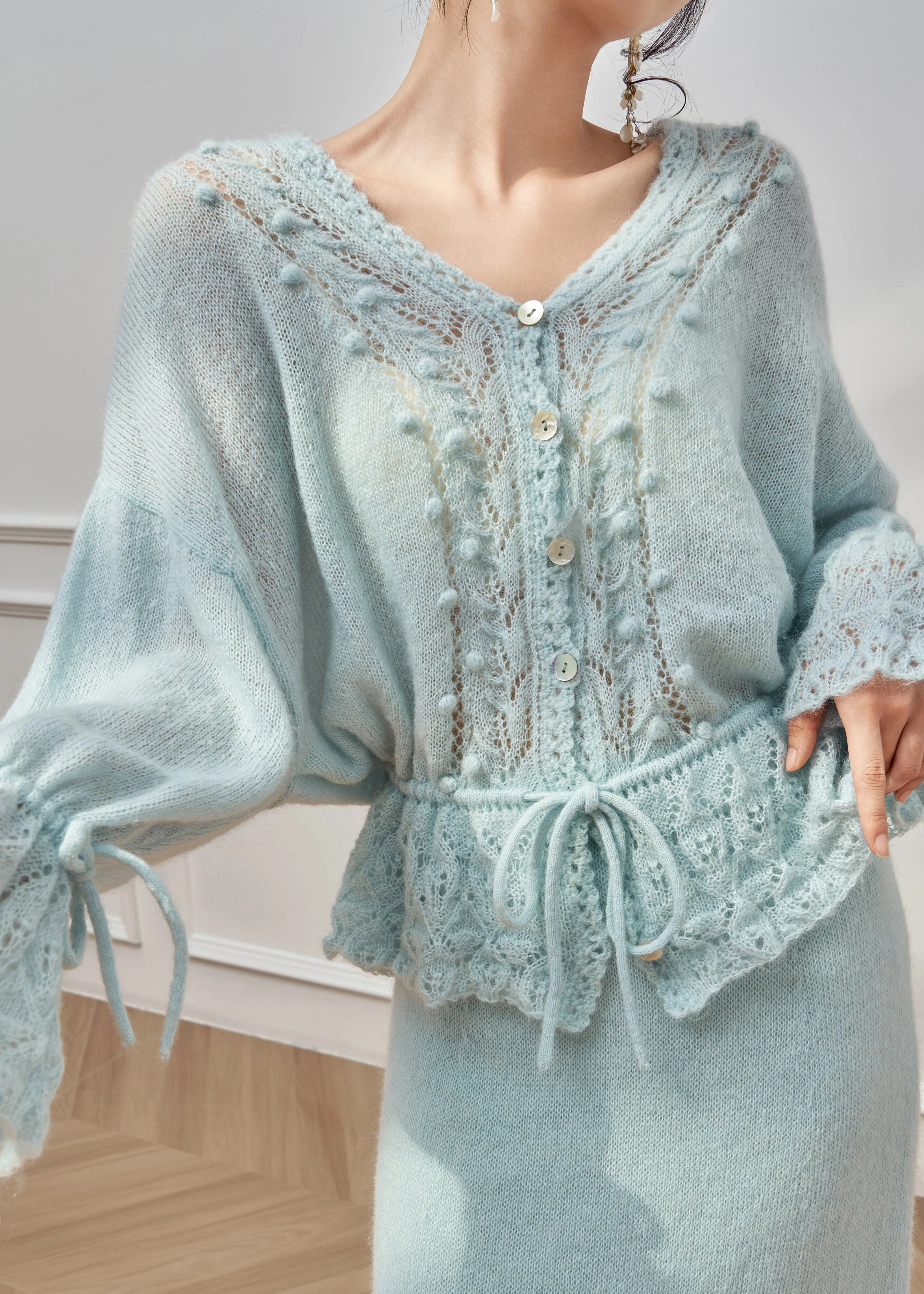 Loose Blue Hollow Out Tie Waist Knit Sweater Flare Sleeve - Image 2