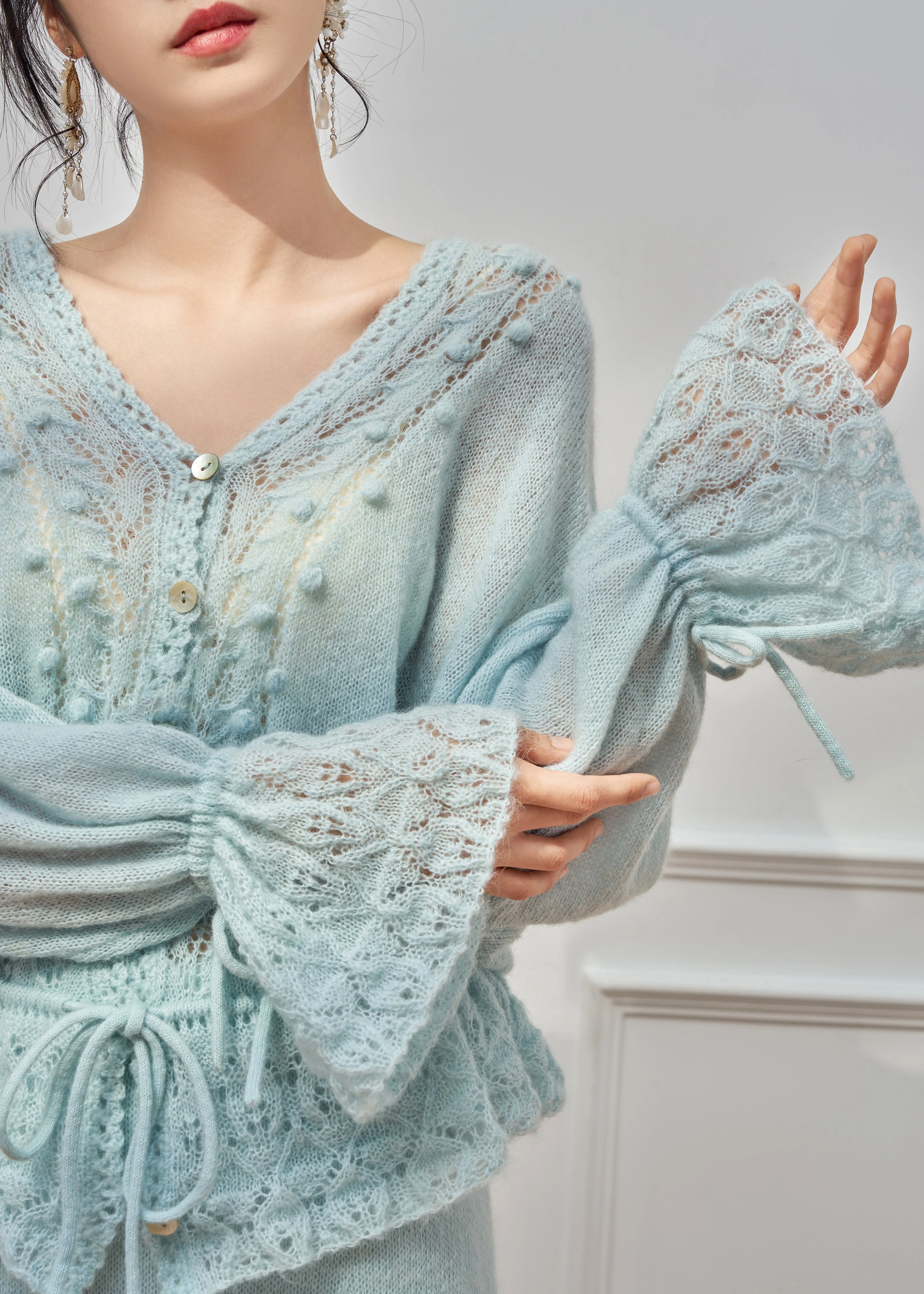Loose Blue Hollow Out Tie Waist Knit Sweater Flare Sleeve - Image 5