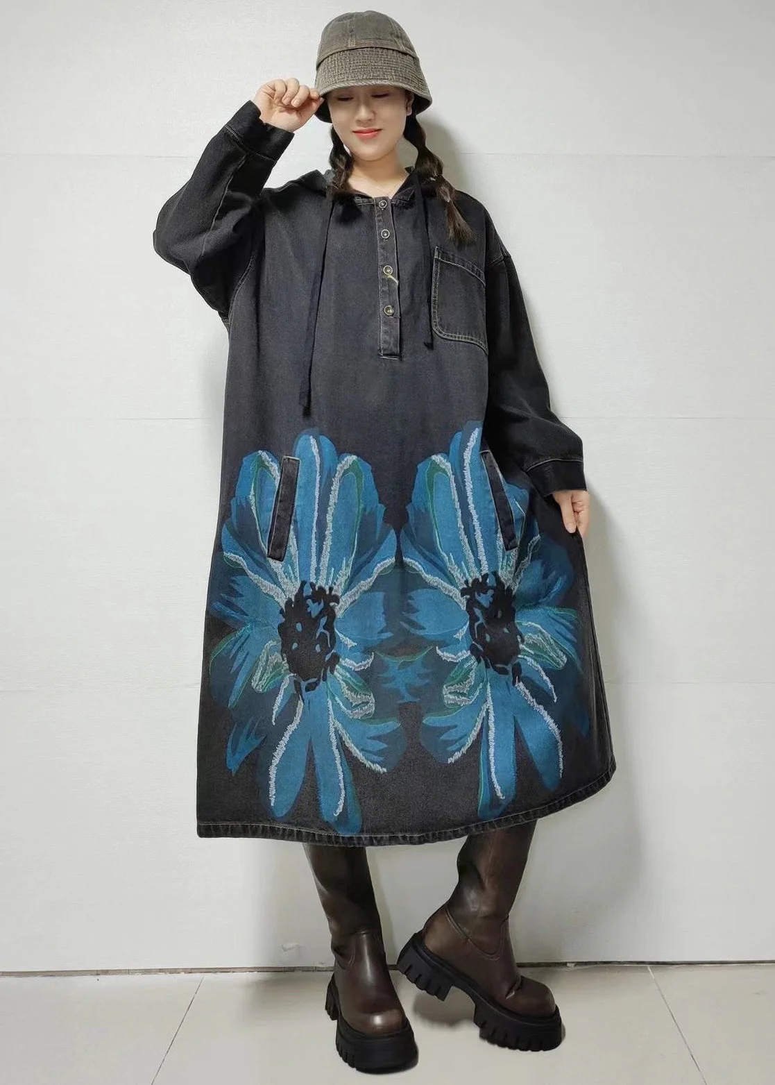 Loose Blue Hooded Print Denim Dress Long Sleeve - Image 2