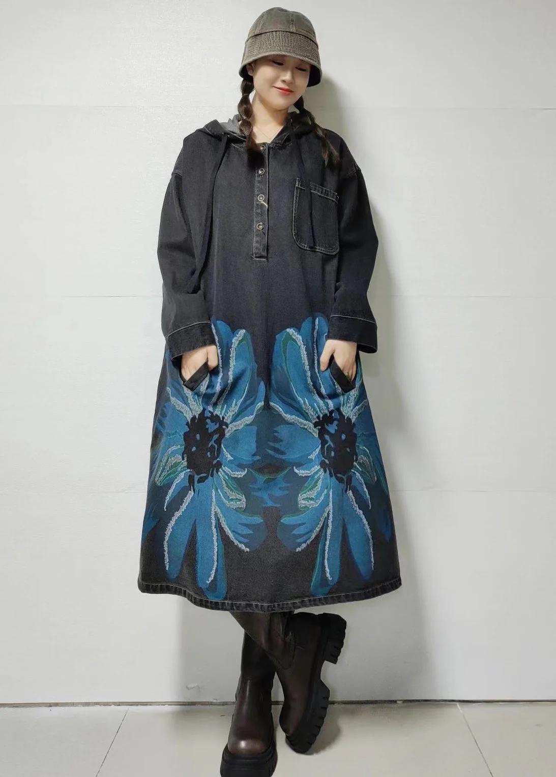 Loose Blue Hooded Print Denim Dress Long Sleeve - Image 3