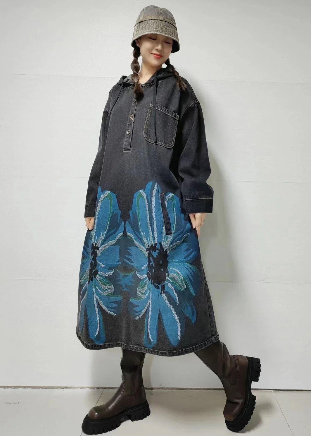 Loose Blue Hooded Print Denim Dress Long Sleeve - Image 4