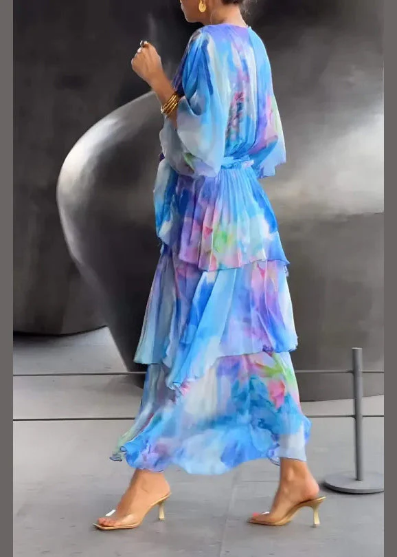 Loose Blue Layered Ruffled Print Chiffon Dress Butterfly Sleeve - Image 3