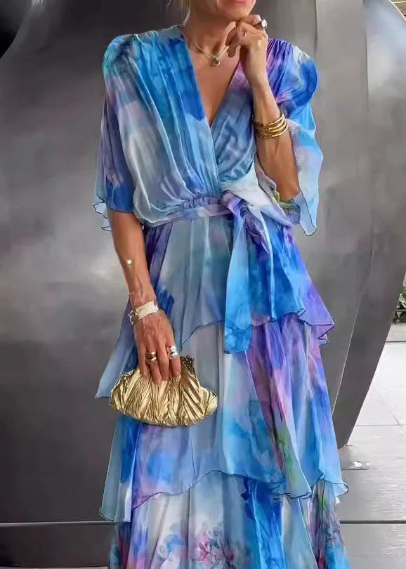 Loose Blue Layered Ruffled Print Chiffon Dress Butterfly Sleeve - Image 4