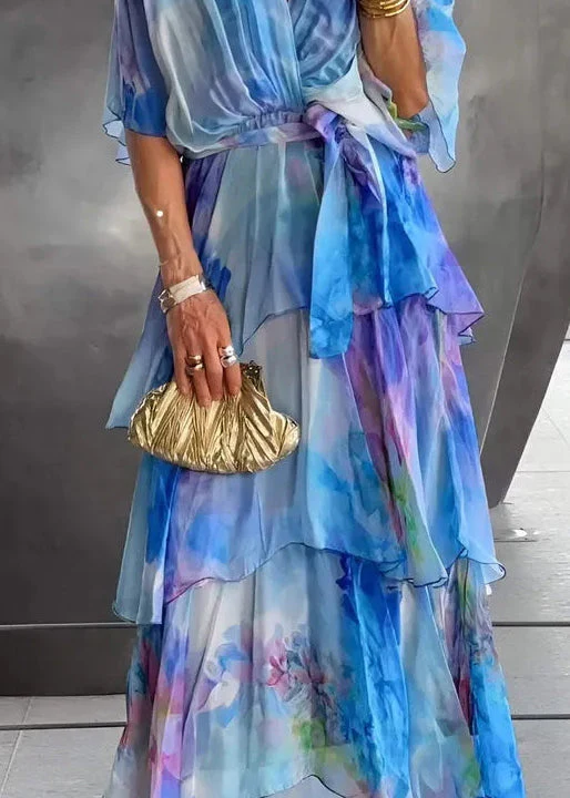 Loose Blue Layered Ruffled Print Chiffon Dress Butterfly Sleeve - Image 5