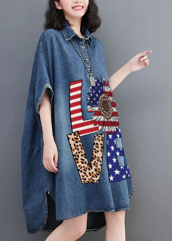 Loose Blue-little flower Button Side Open Maxi Denim Dress Summer - Image 8