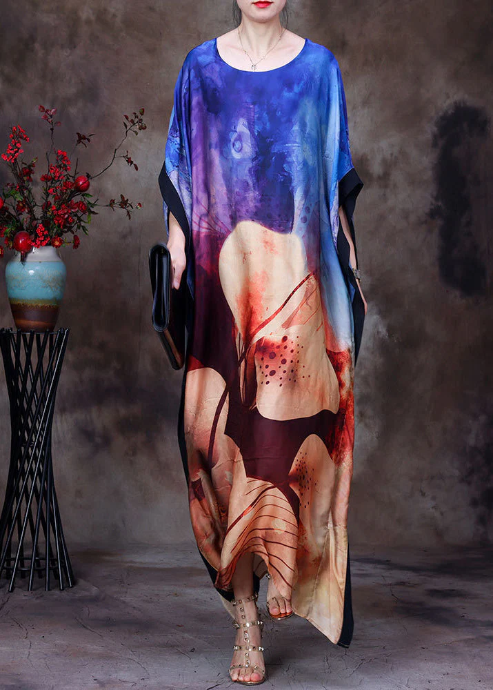 Loose Blue O-Neck Asymmetrical Print Silk Vacation Dress For Women Batwing Sleeve - Image 2