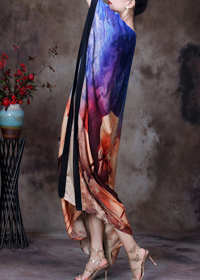 Loose Blue O-Neck Asymmetrical Print Silk Vacation Dress For Women Batwing Sleeve - Image 3