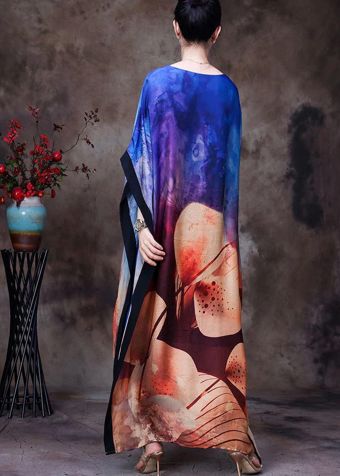 Loose Blue O-Neck Asymmetrical Print Silk Vacation Dress For Women Batwing Sleeve - Image 4