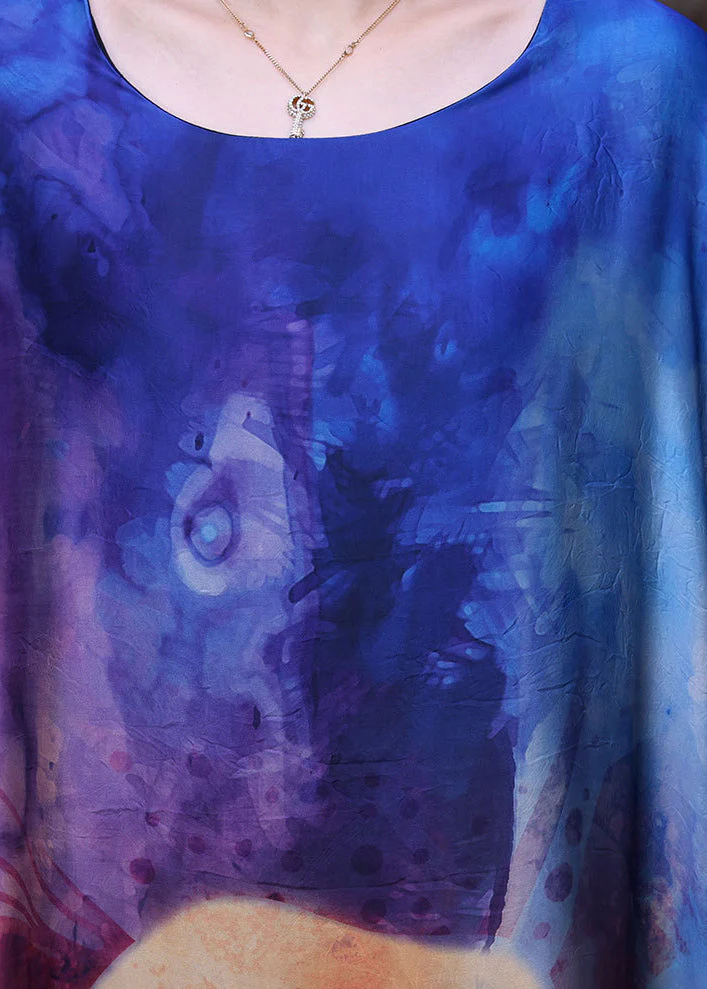Loose Blue O-Neck Asymmetrical Print Silk Vacation Dress For Women Batwing Sleeve - Image 5
