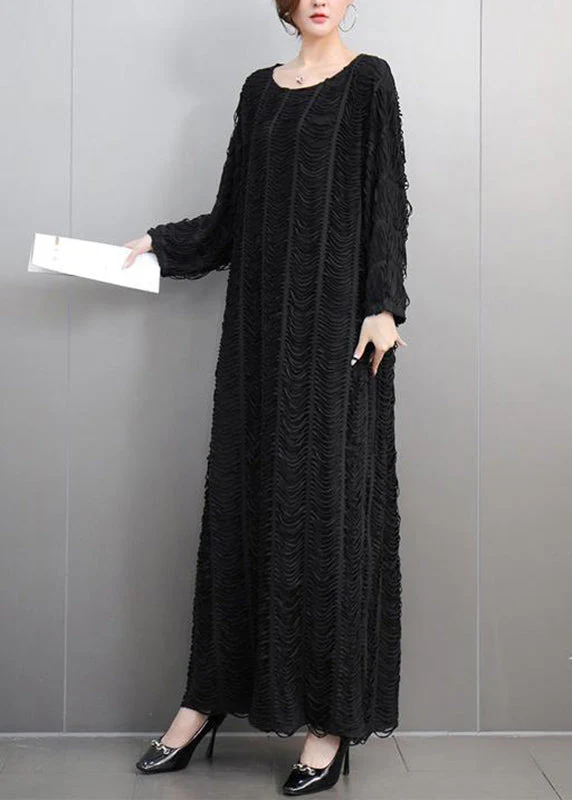 Loose Blue O-Neck Cozy Tassel Long Dress Spring - Image 4
