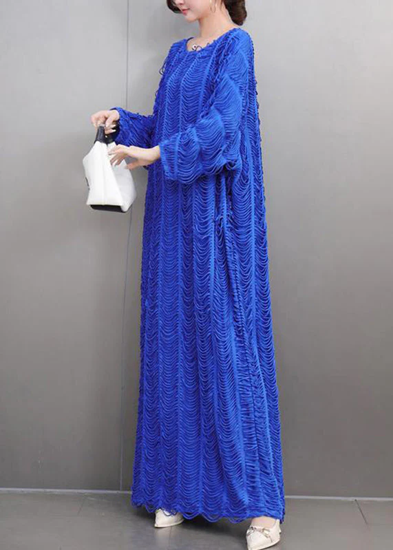 Loose Blue O-Neck Cozy Tassel Long Dress Spring - Image 5