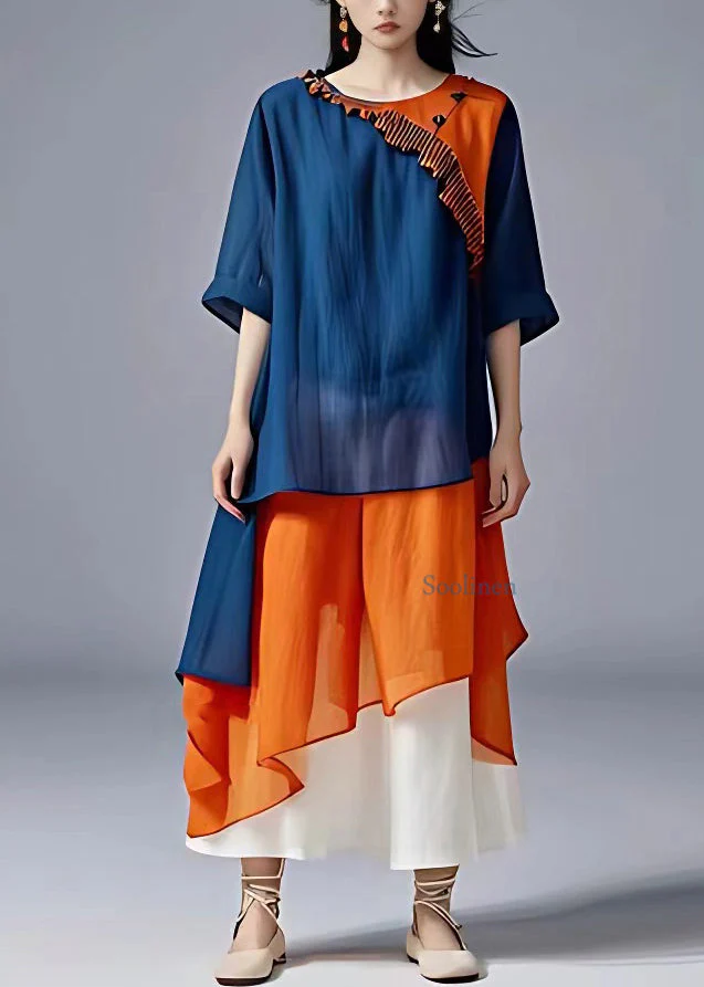 Loose Blue O-Neck Patchwork Chiffon Long Dress Summer - Image 2