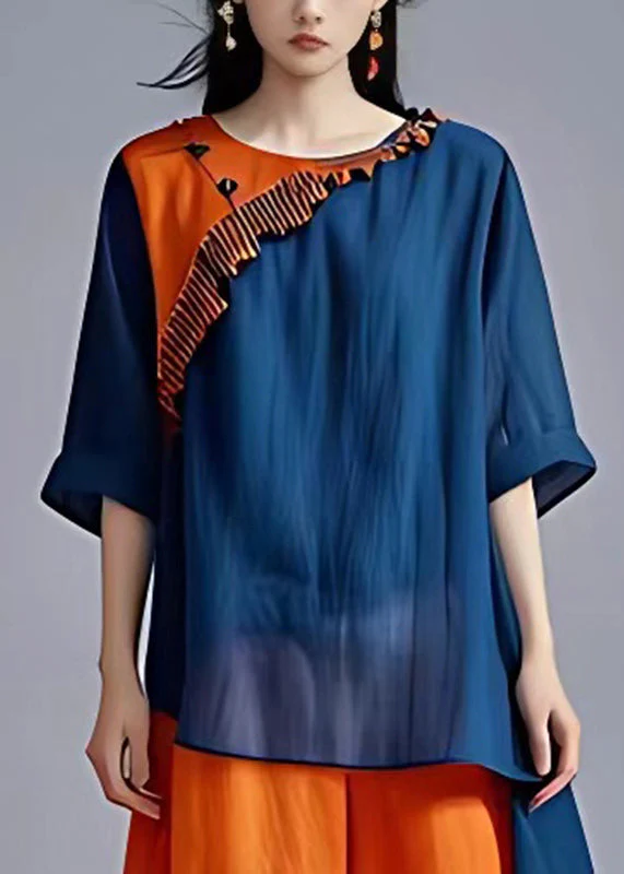 Loose Blue O-Neck Patchwork Chiffon Long Dress Summer - Image 3