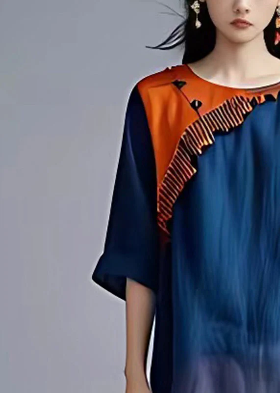 Loose Blue O-Neck Patchwork Chiffon Long Dress Summer - Image 4