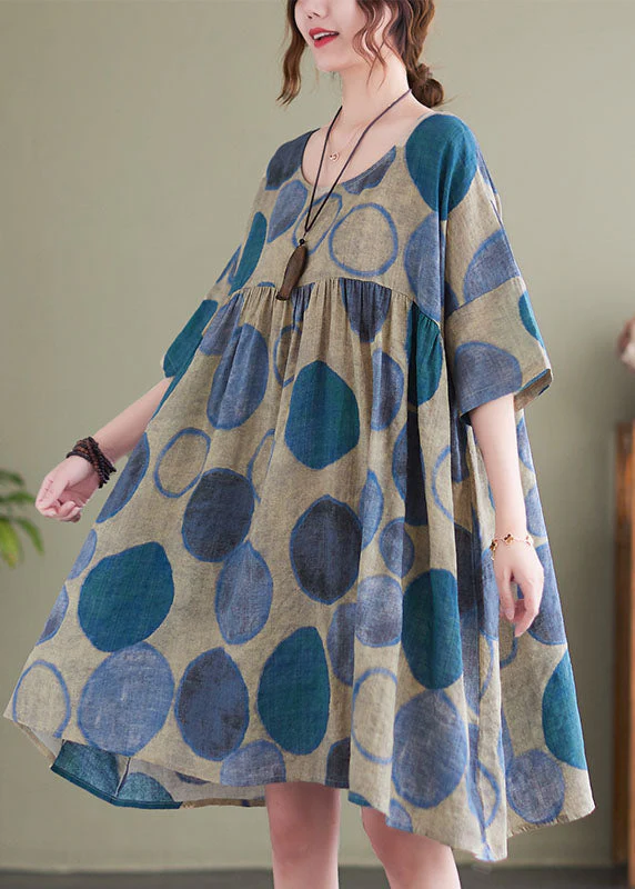 Loose Blue O-Neck Patchwork Cotton Holiday Dress Short Sleeve - Image 2