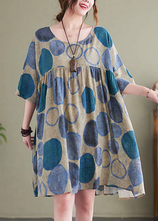 Loose Blue O-Neck Patchwork Cotton Holiday Dress Short Sleeve - Image 3