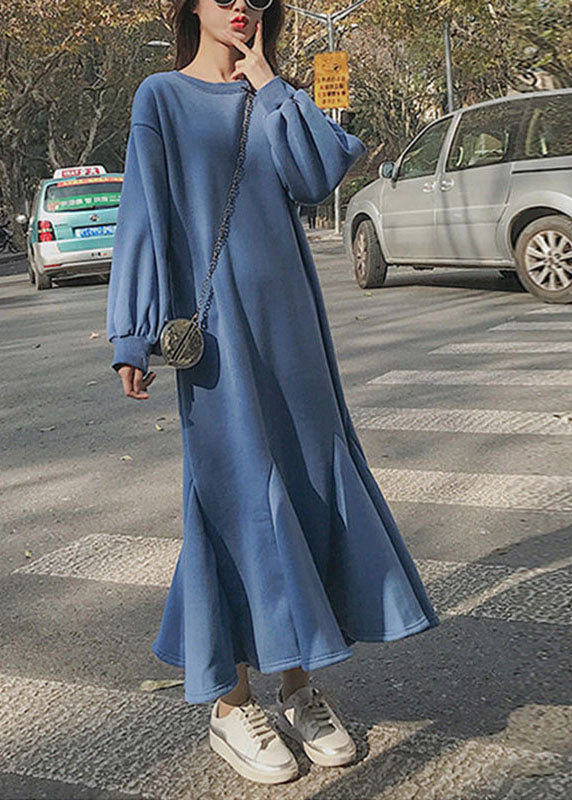 Loose Blue O-Neck Patchwork Long A Line Dress Fall - Image 2