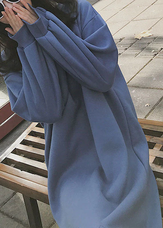 Loose Blue O-Neck Patchwork Long A Line Dress Fall - Image 5