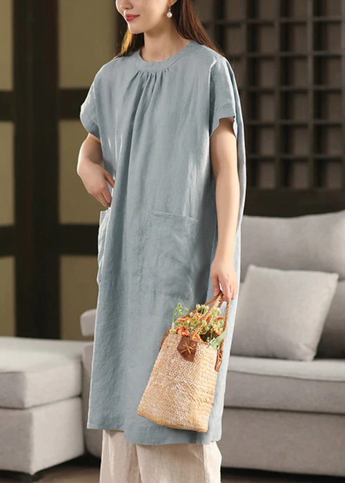 Loose Blue O-Neck Pockets Linen Dresses Summe - Image 3