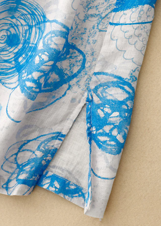 Loose Blue O Neck Print Side Open Cotton Dress Half Sleeve - Image 4