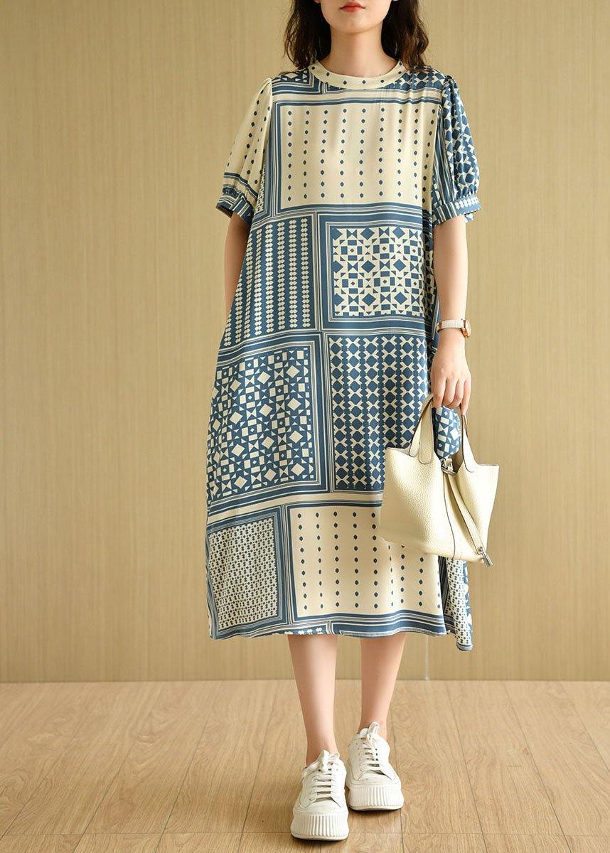 Loose Blue O-Neck Print Summer Cotton Short Sleeve Dress - Image 2