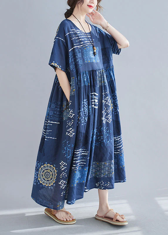 Loose Blue O-Neck Print wrinkled Beach Dress Short Sleeve