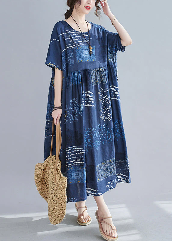 Loose Blue O-Neck Print wrinkled Beach Dress Short Sleeve - Image 2