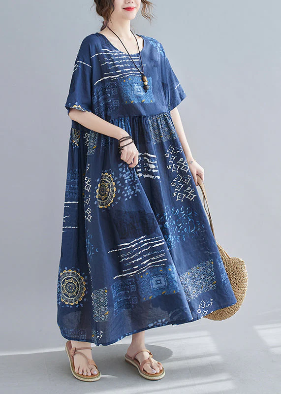 Loose Blue O-Neck Print wrinkled Beach Dress Short Sleeve - Image 3